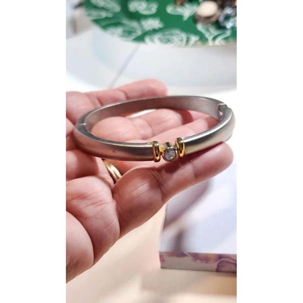 Vintage 80s 90sTwo Tone Hinged Bangle Bracelet Silver Gold Rhinestone Minimalist